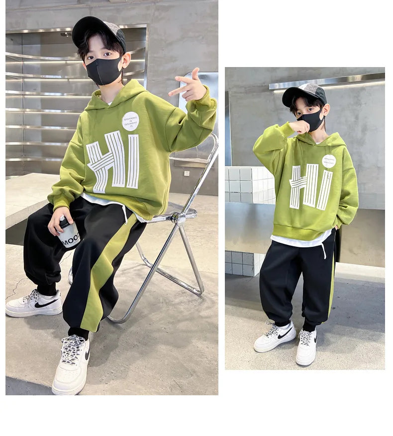 Children Boy Hooded Clothes Set Letter Printed Hoodies Sweatshirts Top and Pants 2 Pieces Suit Teenage Girls Tracksuits