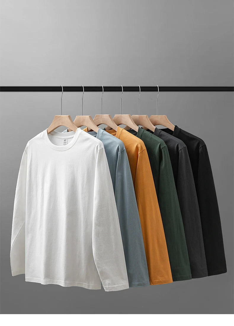 DUKEEN Men's 260G Long Sleeve T Shirts 2025 Spring Pure Cotton Solid Color Basic Crew-Neck Undershirt Men's Loose Tops 11 Color