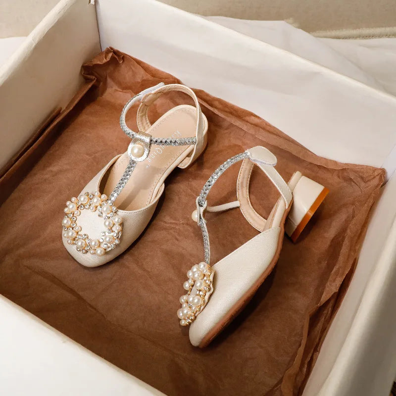 Children Sandals Pearl Rhinestone Kids High Heel Shoe Elegant Baby Girls