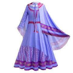 Wish Princess Dress Girls Asha Cosplay Outfits Purple Print Elastic Frocks Kids Long