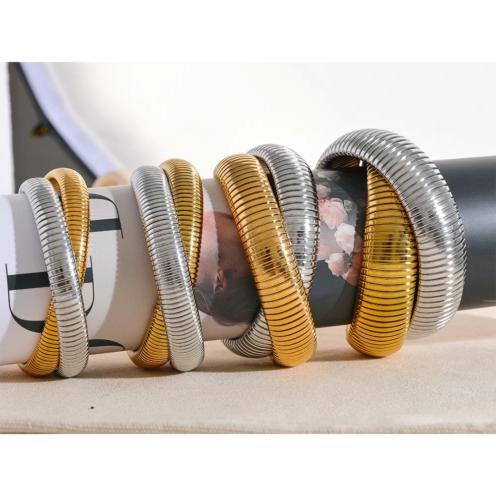 Yhpup Waterproof Stainless Steel Elastic Thick Metal Punk Bracelet Bangle 18K Gold Plated Fashion Women Trendy Jewelry Bijoux