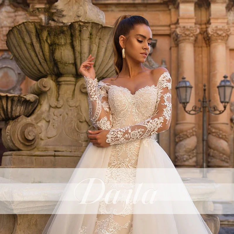 White Bridesmaid Dresses: Wedding Dresses Long Sleeve Detachable Train 2 In 1 Lace