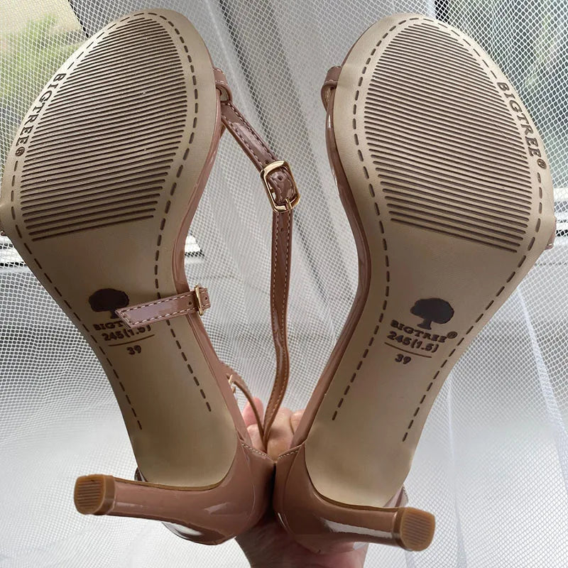 Women 8cm 11cm High Heels Fetish Sandals Gladiator Platform Strap Stripper Glossy Leather Pumps Lady Nude Low Heels Party Shoes
