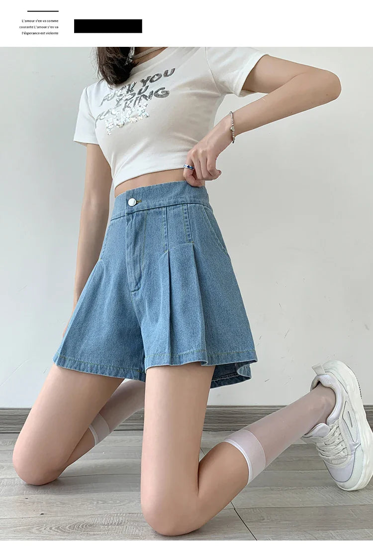 DFRCAEG 2024 Summer Plus Size Denim Shorts For Women High Elastic Waist Blue Or Sky Blue Pleated Mini Large Size Short Femme
