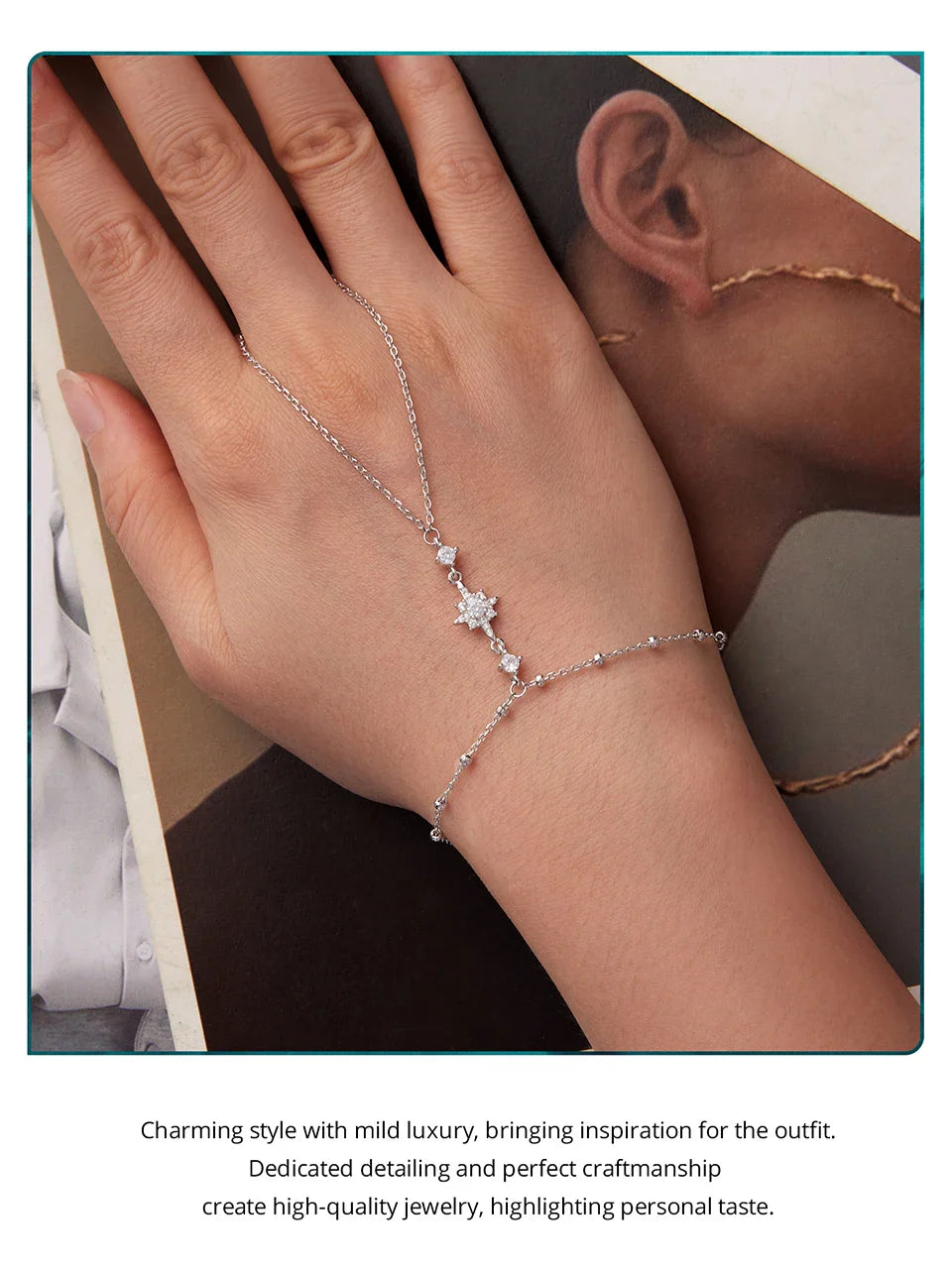 BISAER 925 Sterling Silver Finger Ring Bracelet Hand Chain Trendy Thin Dainty Stackable Chain Plated Gold for Women Fine Jewelry