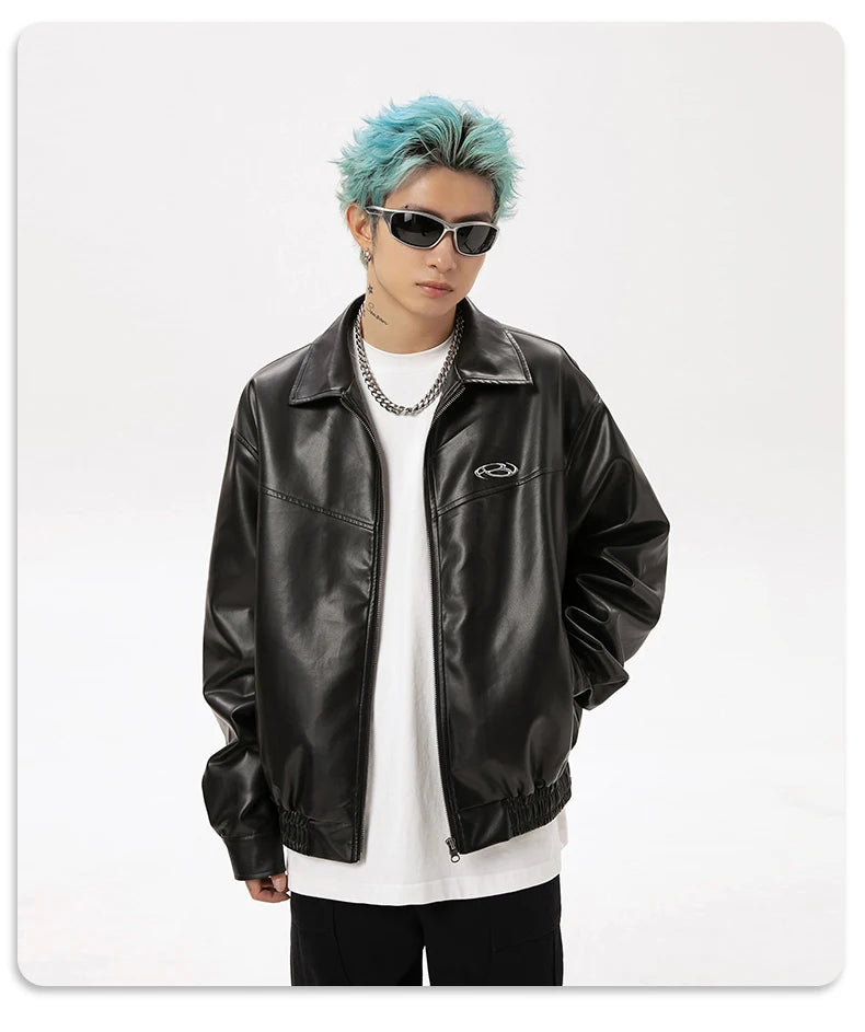 Metal Printed Black PU Leather Jacket for Men and Women, Trendy Brand
