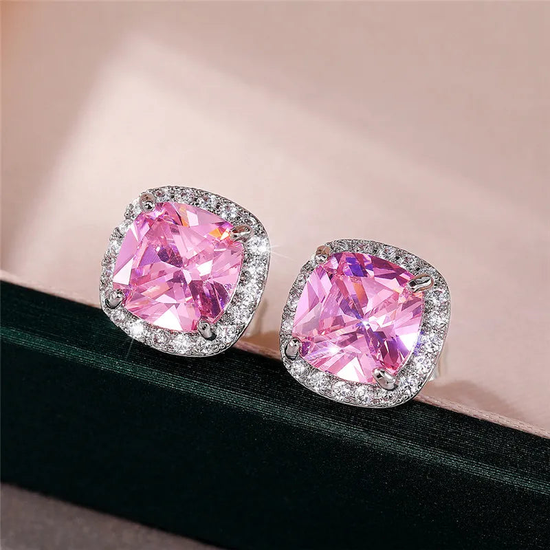 Ne'w Bright White/Yellow/Pink CZ Stud Earrings for Women Fashion Contracted Jewelry High Quality Wedding Engagement