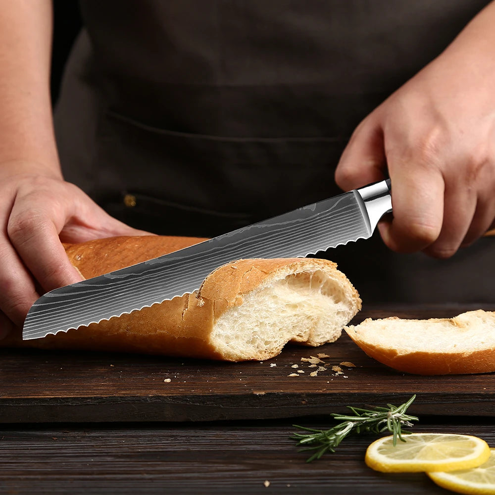 Kitchen Bread Knife Serrated Design Laser Damascus Stainless Steel Blade 8 inch