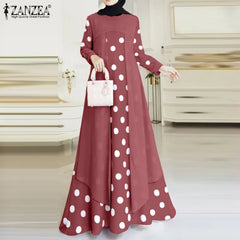 Elegant O-Neck Long Sleeve Muslim Sundress Women Polka Dots Printed Dress