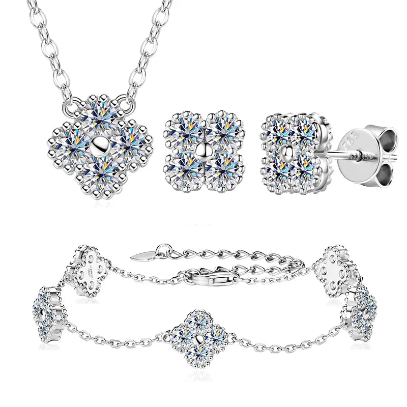 18k Gold Plated 925 Silver 3mm Moissanite Necklace Earrings Bracelet Sets 3 In 1 Clover Flower Charm Jewelry Set for Women Gift