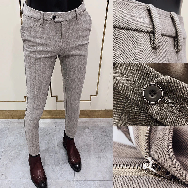 Men Dress Pants Woolen Warm Business Formal Social Suit Pants Casual Slim Striped Fit