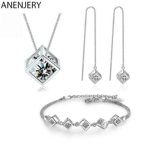 ANENJERY Silver Color Luxury Shiny Square Cube Necklace Earrings Bracelet For Women Gift Zircon Anniversary Gift