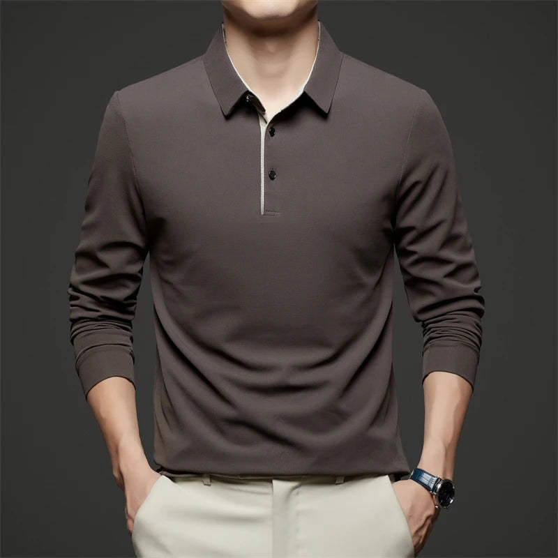 New Men's Business Casual  Long Sleeve Solid Color Polo Shirt Fashionable Warm Comfortable Four Seasons Versatile Top
