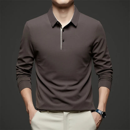 New Men's Business Casual  Long Sleeve Solid Color Polo Shirt Fashionable Warm Comfortable Four Seasons Versatile Top