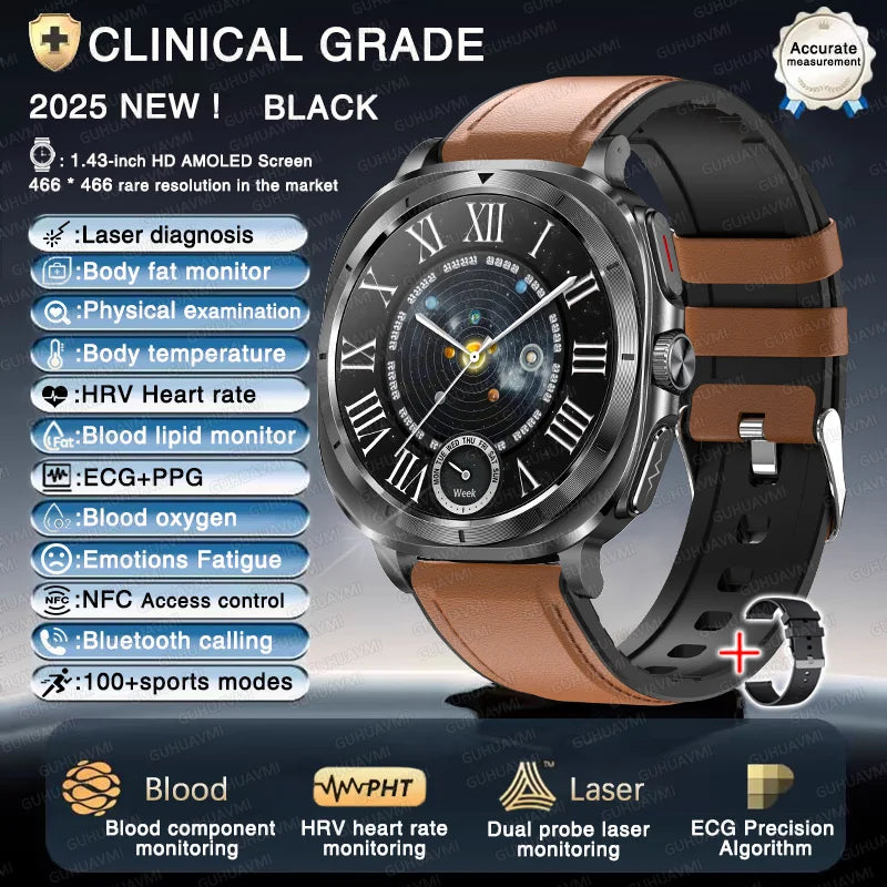 2025 Fashion New Expert level Health Smart Watch Men ECG+PPG Laser Monitor Uric Acid Blood Fat Blood Pressure NFC HD Call Watch