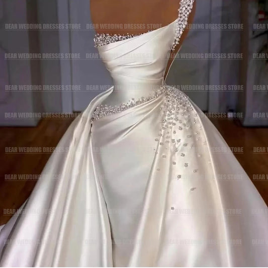 Train Mermaid Wedding Dresses For Woman Pearl Satin Formal Elegant Party