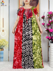 African Abaya Women Cotton Dress Printed Boat Neck Loose Women Robe BouBou Maxi