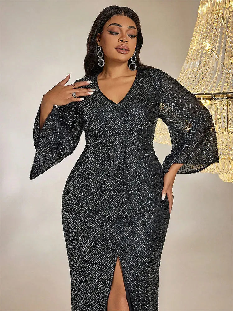 TOLEEN Women Plus Size Maxi Dresses Black Sequin Party Dress Elegant V-neck Flared Sleeves See-through Thigh Slit Ball Dress