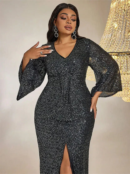 TOLEEN Women Plus Size Maxi Dresses Black Sequin Party Dress Elegant V-neck Flared Sleeves See-through Thigh Slit Ball Dress