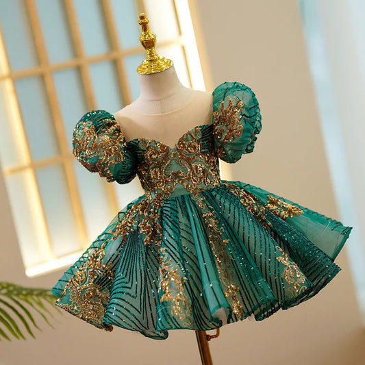 Kids Luxury Party Green Gold Dresses for Girls Size 1 - 12 Years Birthday Photo Shoot