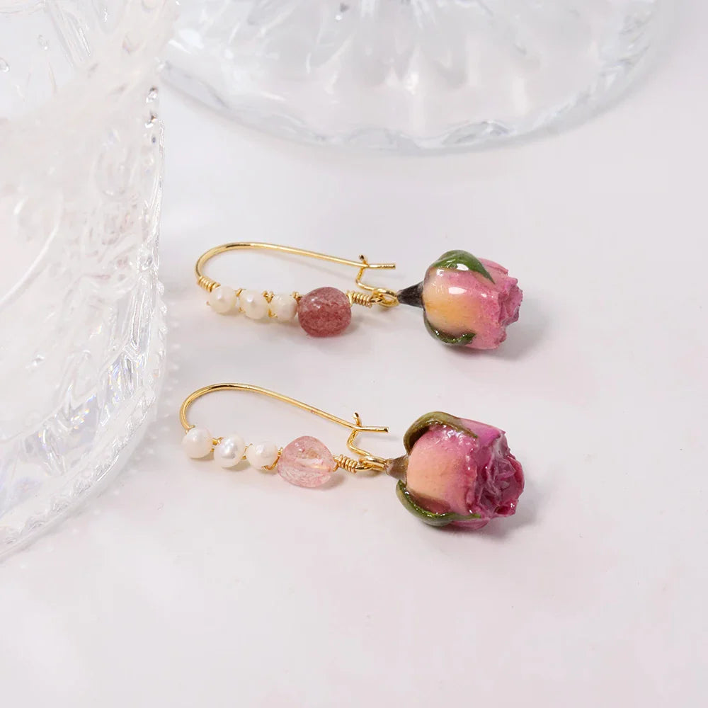 Natural Freshwater Pearl Enamel Resin Flower Earrings Korean Style Women's Luxury Vintage Jewelry Fashion Ladies and Girls Gift