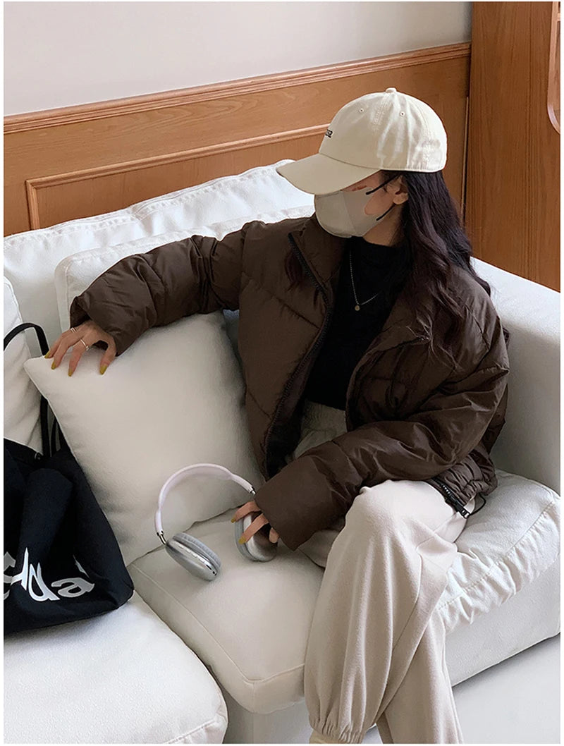 Korean Fashion Women Puffy Coats Simple Solid Loose Short Parkas Winter Thick