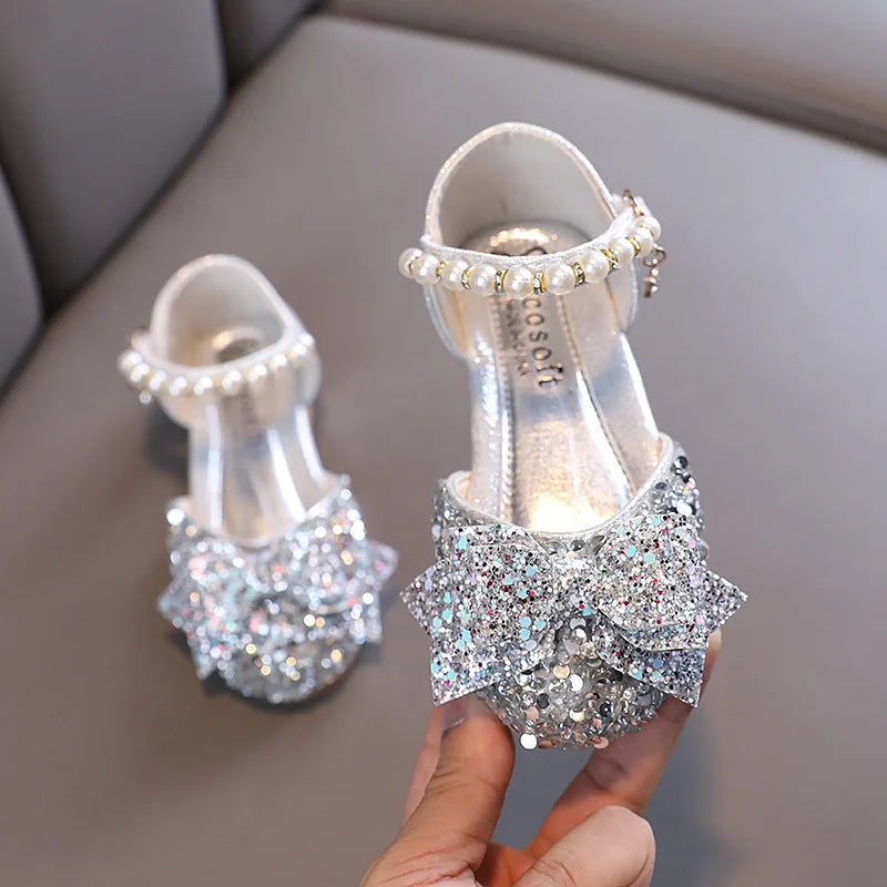 Girl Princess Flats Shoes Spring Children's Sequins Sandals Bow PU Fashion Baby Kids