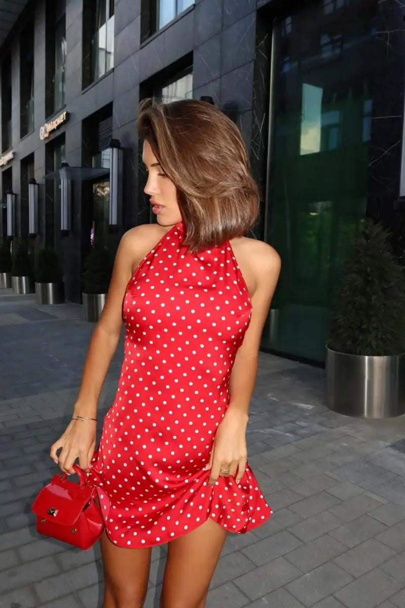 Polka Dot Printed Mini Halter Dress Backless Sleeveless A Line Short Robes Casual Party Vestidos 2025 New Slim Fit Lady Dresses