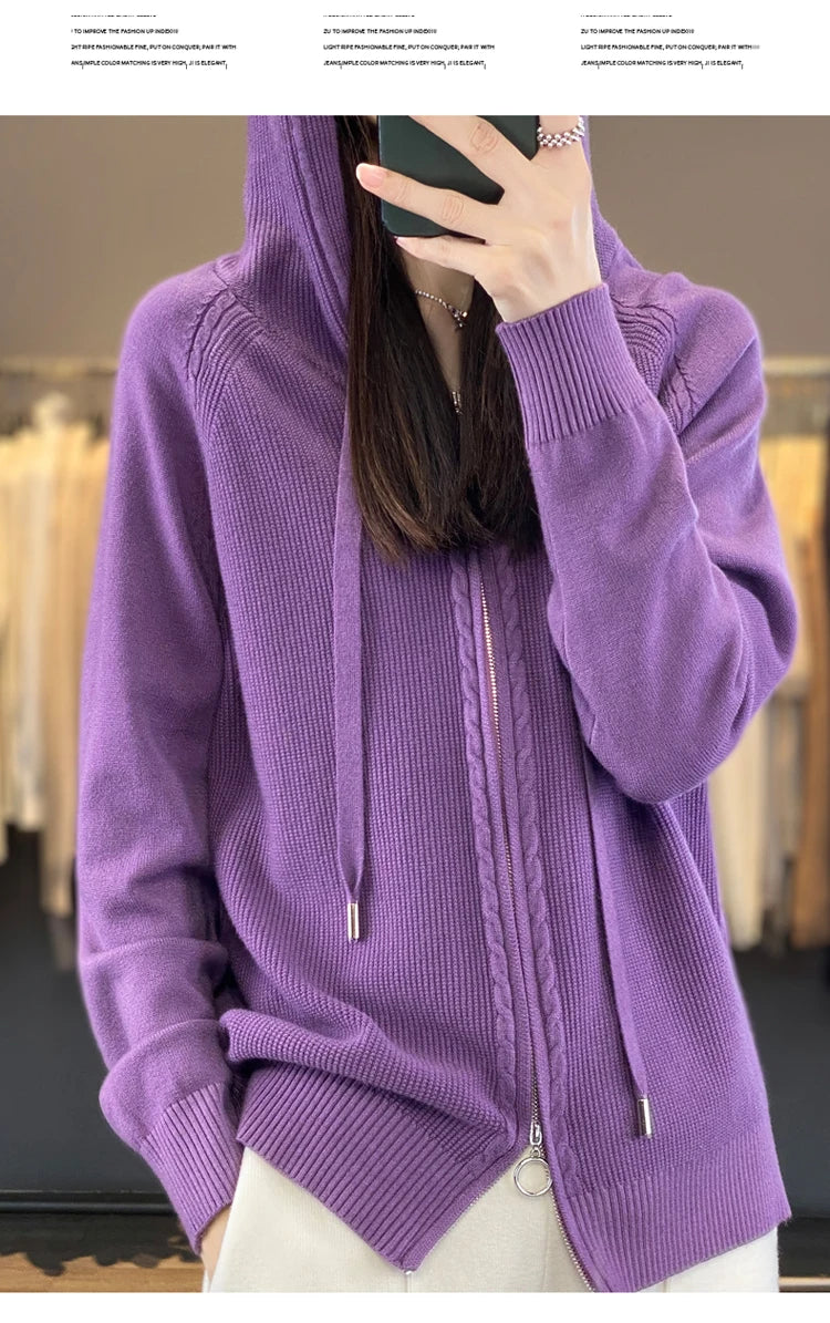 autumn and winter hooded cardigan women's knitted top loose sweater casual