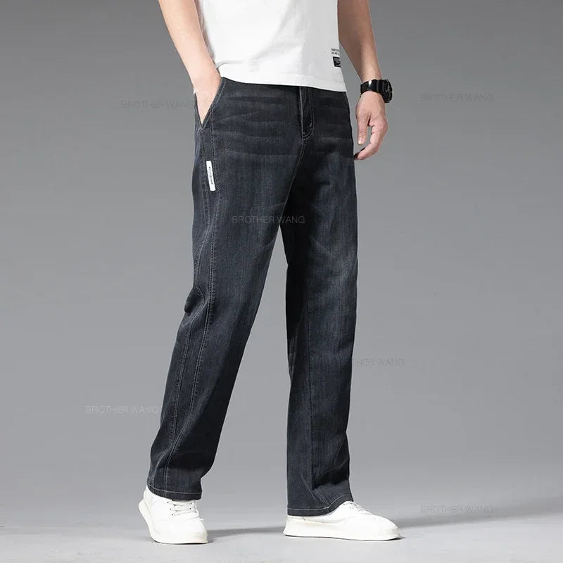 Baggy Jeans Blue Gray Elastic Waist Business Casual Straight Denim Trousers