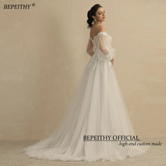 Boho Ivory Wedding Dresses For Women Bride Deep Neck Full Sleeves