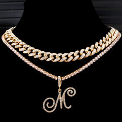 Cursive Letters Cubic Zirconia Chain Intial Name Necklace Hip Hop Jewelry Gold