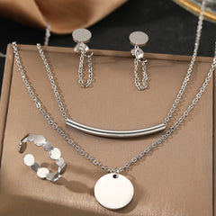 Stainless Steel Jewelry Set Round Ring Tassel Earrings Double Layers Necklace