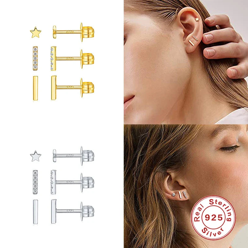 CANNER 3pcs/set Bling Zircon Earring 925 Sterling Silver Cute Mini Heart Star Stud Earrings Ear Bone Earlobe Piercing Jewerly