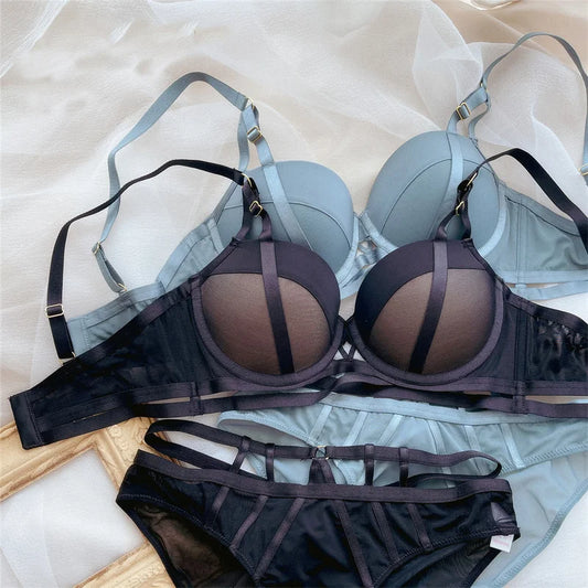 Women Lace Underwear Hollow Push Up Bra Set Classic Bandage Adjustable