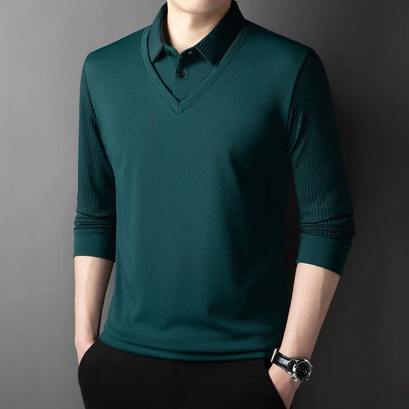 2025 New Men's Casual and Fashionable Long Sleeved Solid Color Fake Two-piece Polo Shirt Business All Season Versatile Top