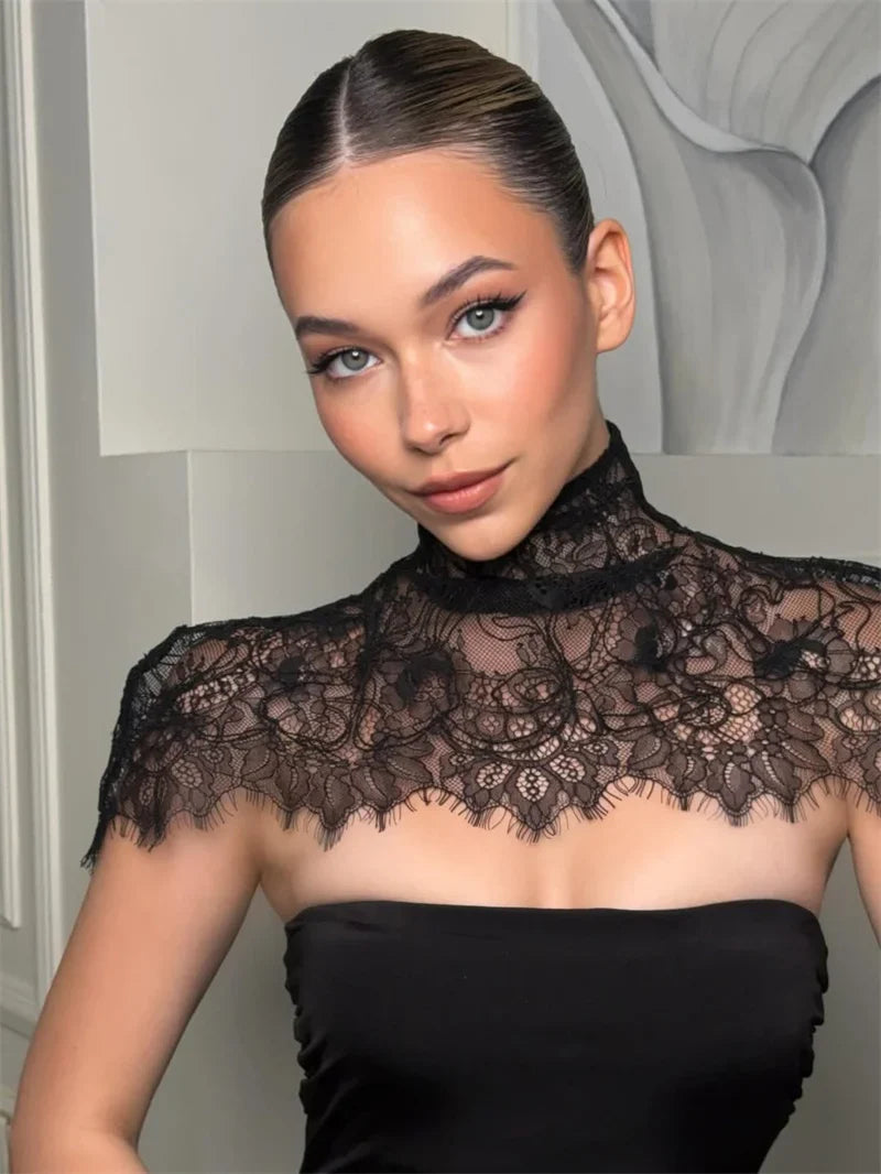 Mozision Lace Backless Sexy Mini Dress Women Gown Elegant See Through Turtleneck Sleeveless Bodycon Club Party Dresses Female