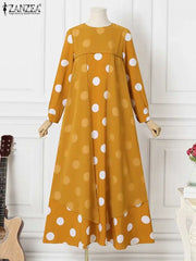 Elegant O-Neck Long Sleeve Muslim Sundress Women Polka Dots Printed Dress