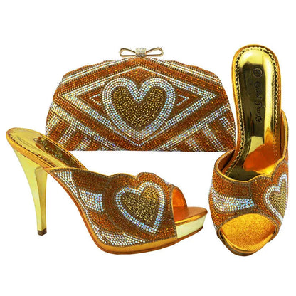 Italy Shoe And Bag For Women ladies High Heel Italian Design Shoe With Matching Bag Special heart-shaped applique diamonds Shoes