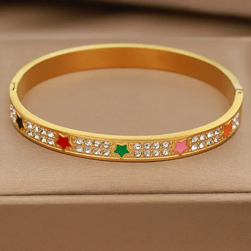 Classic Stainless Steel letter V Bangles for Women Luxury Zirconia Flower Star Bracelets Rust-proof Wrist Jewelry Gift Party