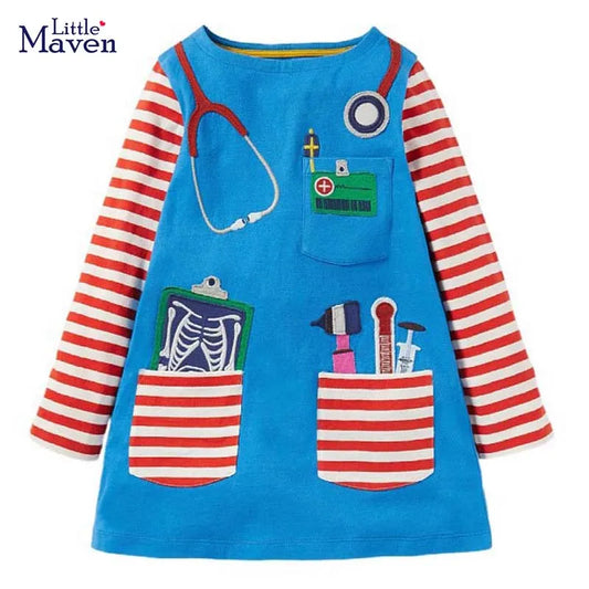 Little maven Baby Girls Blue Casual Clothes Autumn Cotton Pocket Dress Lovely for Children