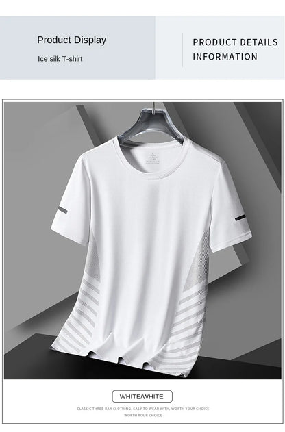 Running T-shirt Men Summer Ice Silk Thin Top Reflective Printing Quick Dry Short Sleeve Breathable Fitness Sports T-shirt 5XL