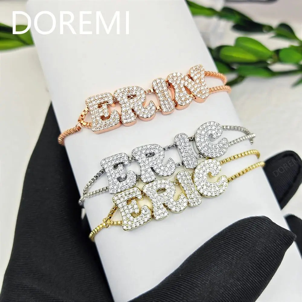 DOREMI Fat Bubble Slide Initial Letters Bracelet Full Crystal Letters Women Name DIY Sliding Slider Letter Bracelets