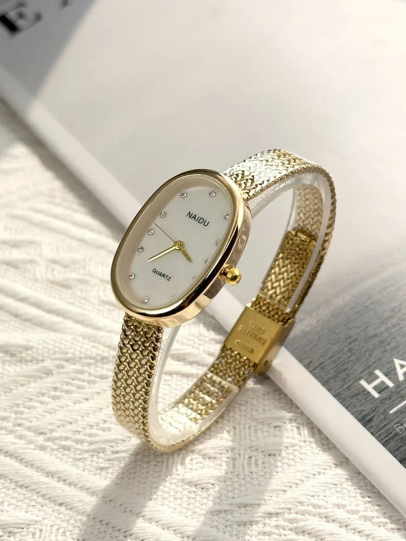 New Brand Quartz Watch for Women Luxury Gift Oval Dial Rhinestone Watch Adjustable Stainless Steel Strap Wristwatches Wholesale