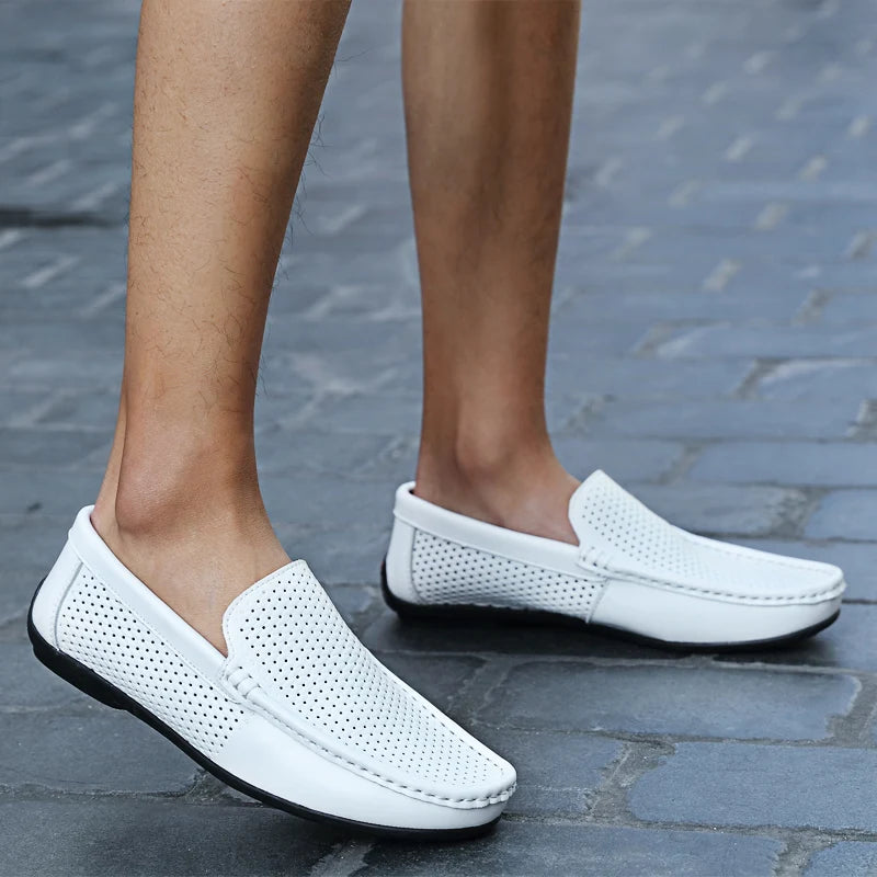 Summer Mens Shoes Casual Luxury Brand Genuine Leather Men Loafers Hollow Out Breathable Driving Shoes White Slip On Moccasins