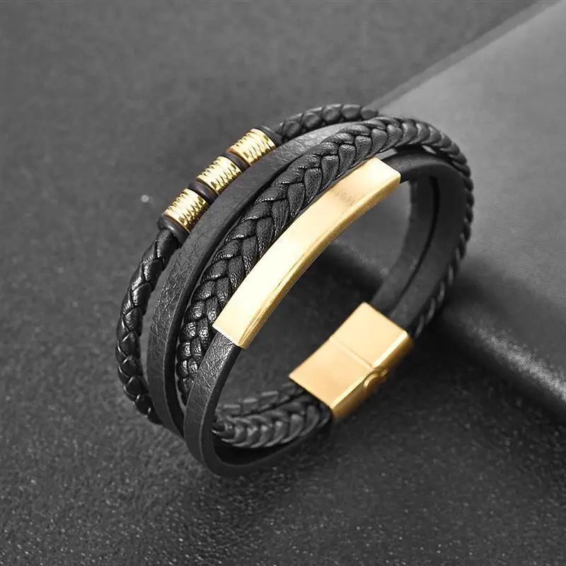 Punk Men Leather Bracelet with Stainless Steel Magnetic Clasp Braided Mutilayer Leather Wrapping Bangles Man Jewelry Gift