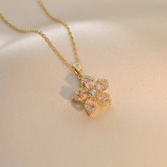 Stainless Steel Gold Plated Romantic Rotatable Flower Zirconia Pendant Necklace