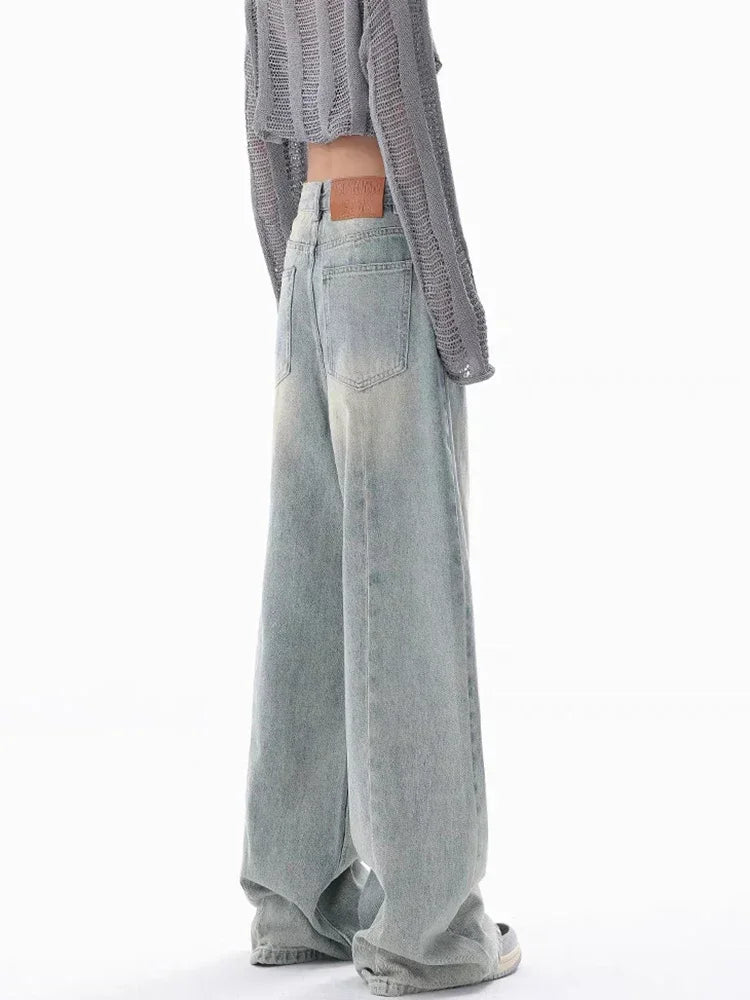Waisted Jeans Women Autumn Button Full Length Wide Leg Denim Pants