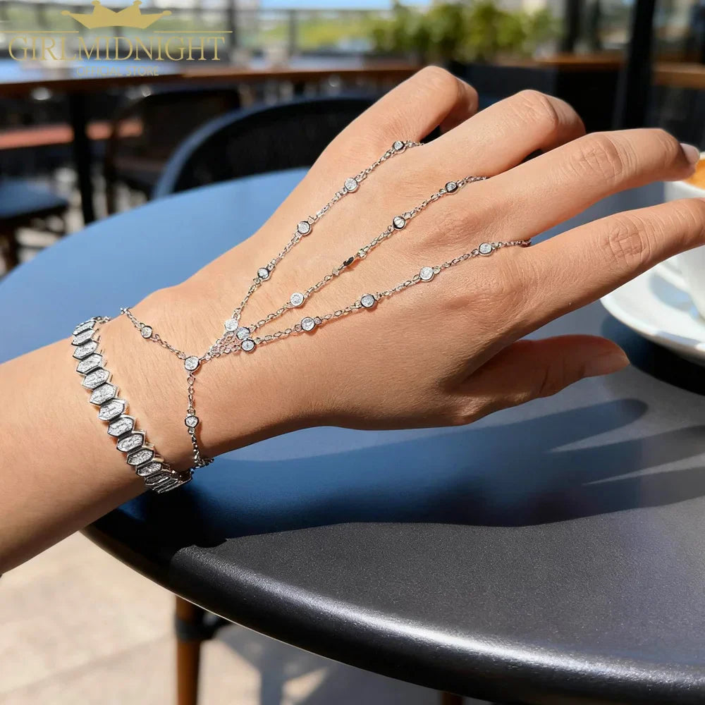 2025 New Micro Pave Clear CZ Tassel Hand Chain Bracelet Gold Color With Round CZ Station Double Chain Fashion Women Jewelry