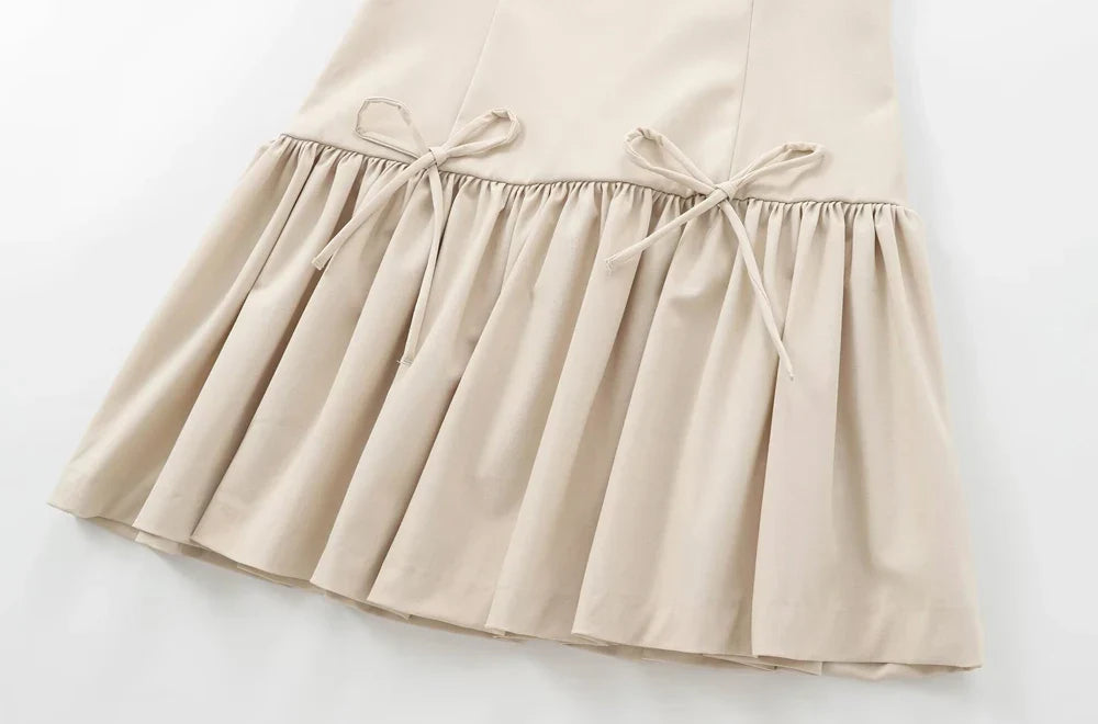 Women's Ruffled Mini Dress with Bows, O Neck, Sleeveless, Back Zipper, Female Dresses, Chic Fashion